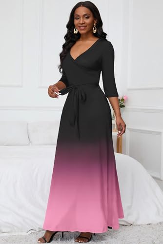AOMONI Gradient V-Neck 3/4 Sleeve Long Sundress