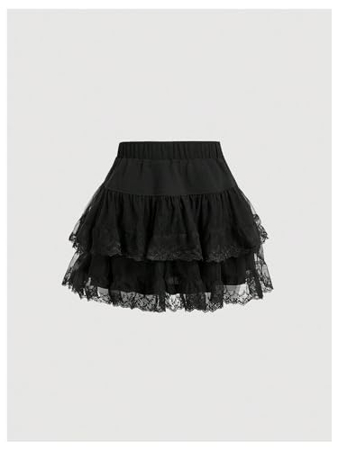 BEAUDRM Women's Y2K Solid Tiered High Waist Contrast Mesh Lace Mini Skirt