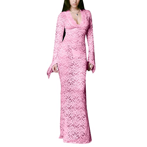 UAURORAO Women's Y2k Long Sleeve Maxi Lace Bodycon Dress