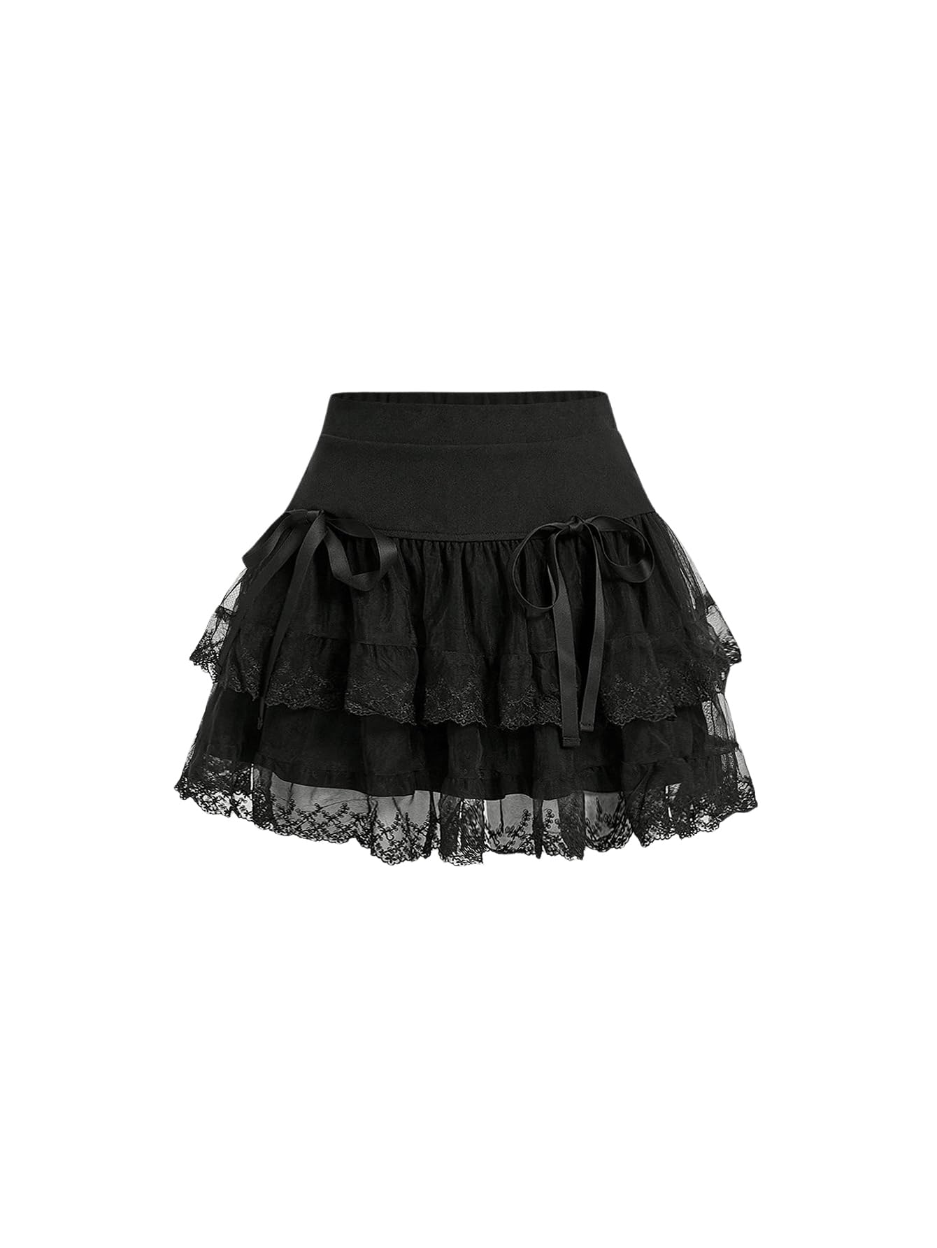 BEAUDRM Women's Y2K Solid Tiered High Waist Contrast Mesh Lace Mini Skirt