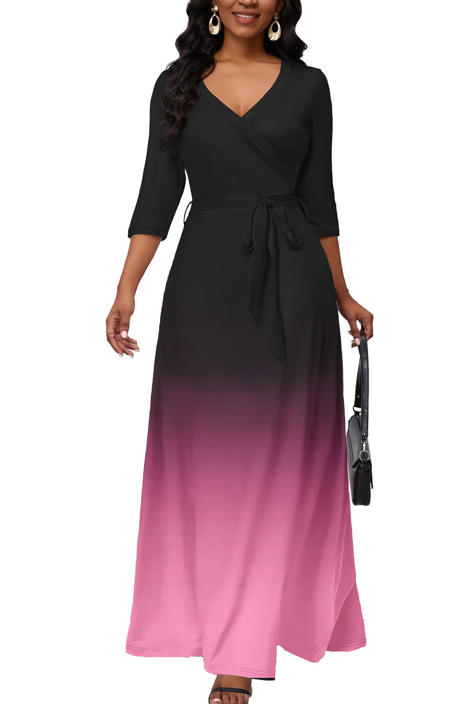 AOMONI Gradient V-Neck 3/4 Sleeve Long Sundress