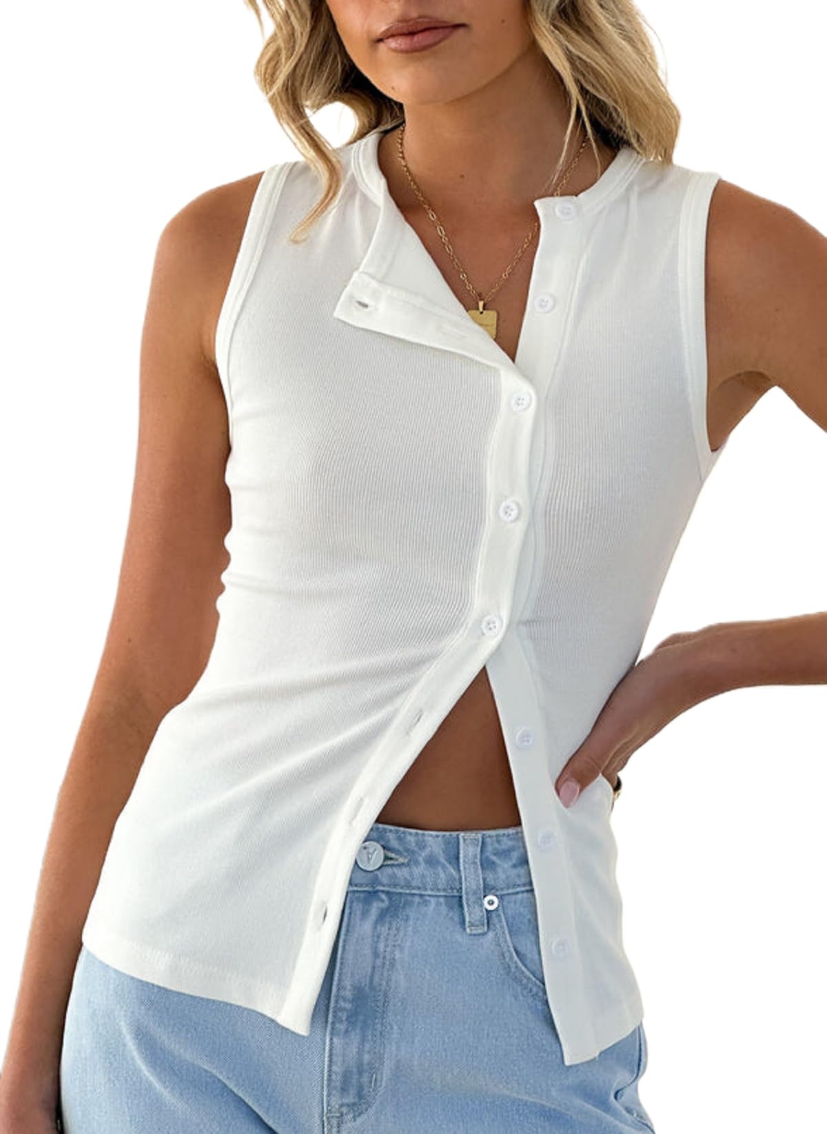 Women's Ribbed Button Down Tank Top