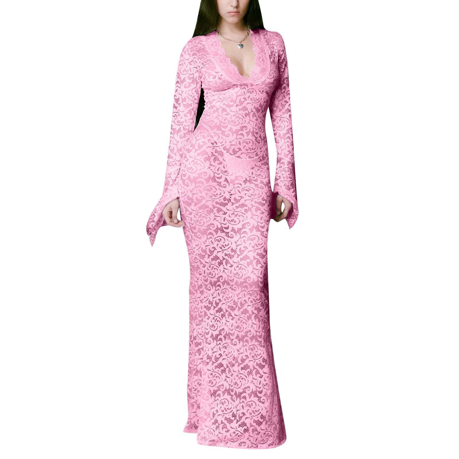 UAURORAO Women's Y2k Long Sleeve Maxi Lace Bodycon Dress